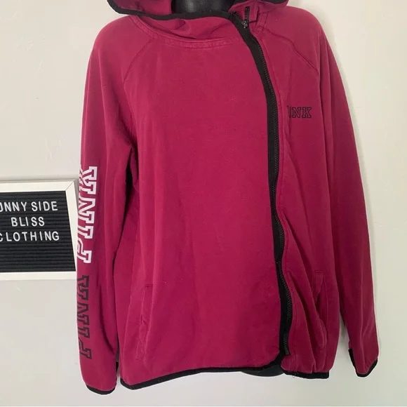 PINK Victoria’s Secret Burgundy Full Zip Asymmetrical Hoodie Size Medium - Picture 3 of 15